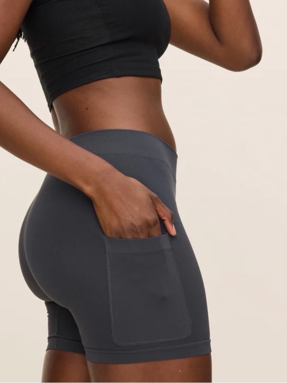 High-Waist Pocket Bike Shorts in Dark Charcoal 5” inseam size XS/S